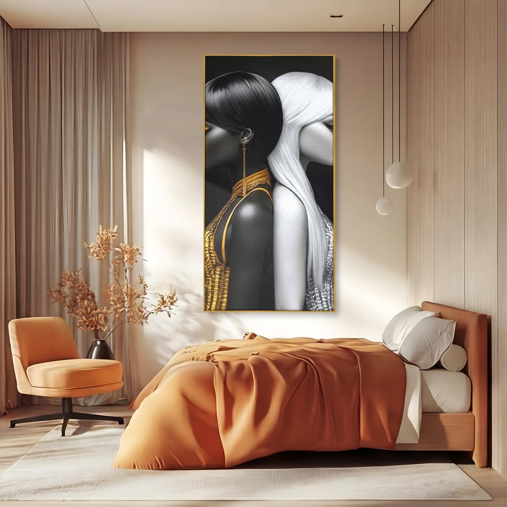 Tablou canvas cu tablou canvas cu doua fete in contrast, in rama de aluminiu auriu, pe perete intr-un dormitor